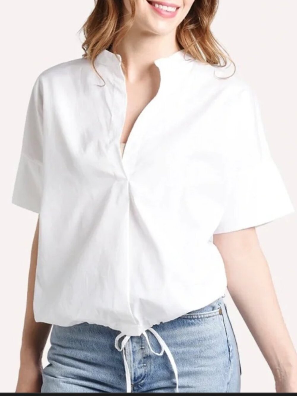 VINCE Cotton Split Neck Drawstring Top